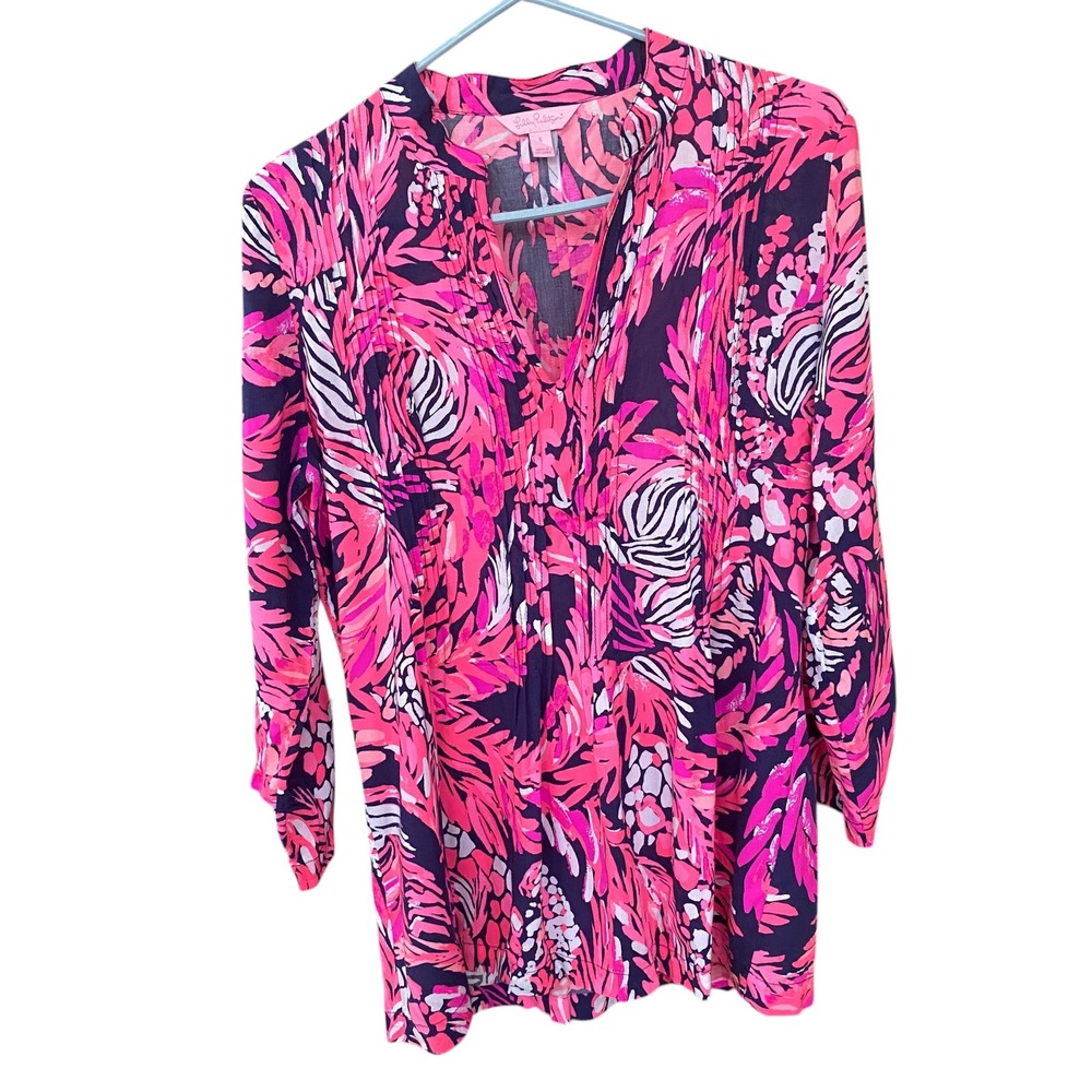 Lilly Pulitzer Sarasota Tunic Top Pink Navy Tropical Zebra Pintuck Blouse Small